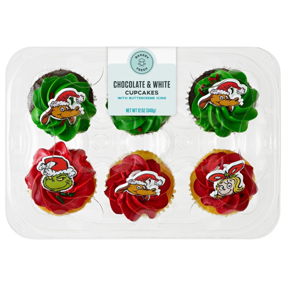 slide 1 of 1, Bakery Fresh Chocolate & White Grinch Cupcakes, 12 oz
