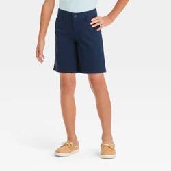 Boys' Flat Front 'At the Knee' Chino Shorts - Cat & Jack™ Navy Blue 7: Cotton, Adjustable Waistband, Pockets