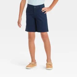Boys' Flat Front 'At the Knee' Chino Shorts - Cat & Jack™ Navy Blue 7: Cotton, Adjustable Waistband, Pockets