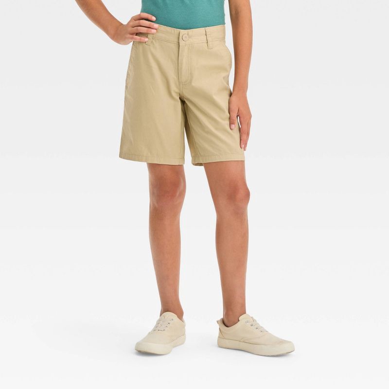 slide 1 of 4, Boys' Flat Front 'At the Knee' Chino Shorts - Cat & Jack™ Beige 6: Adjustable Waistband, Side Pockets, 1 ct