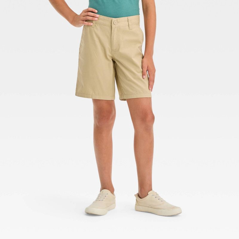 slide 1 of 3, Boys' Flat Front 'At the Knee' Chino Shorts - Cat & Jack™ Beige 12: Cotton, Adjustable Waistband, Machine Washable, 1 ct