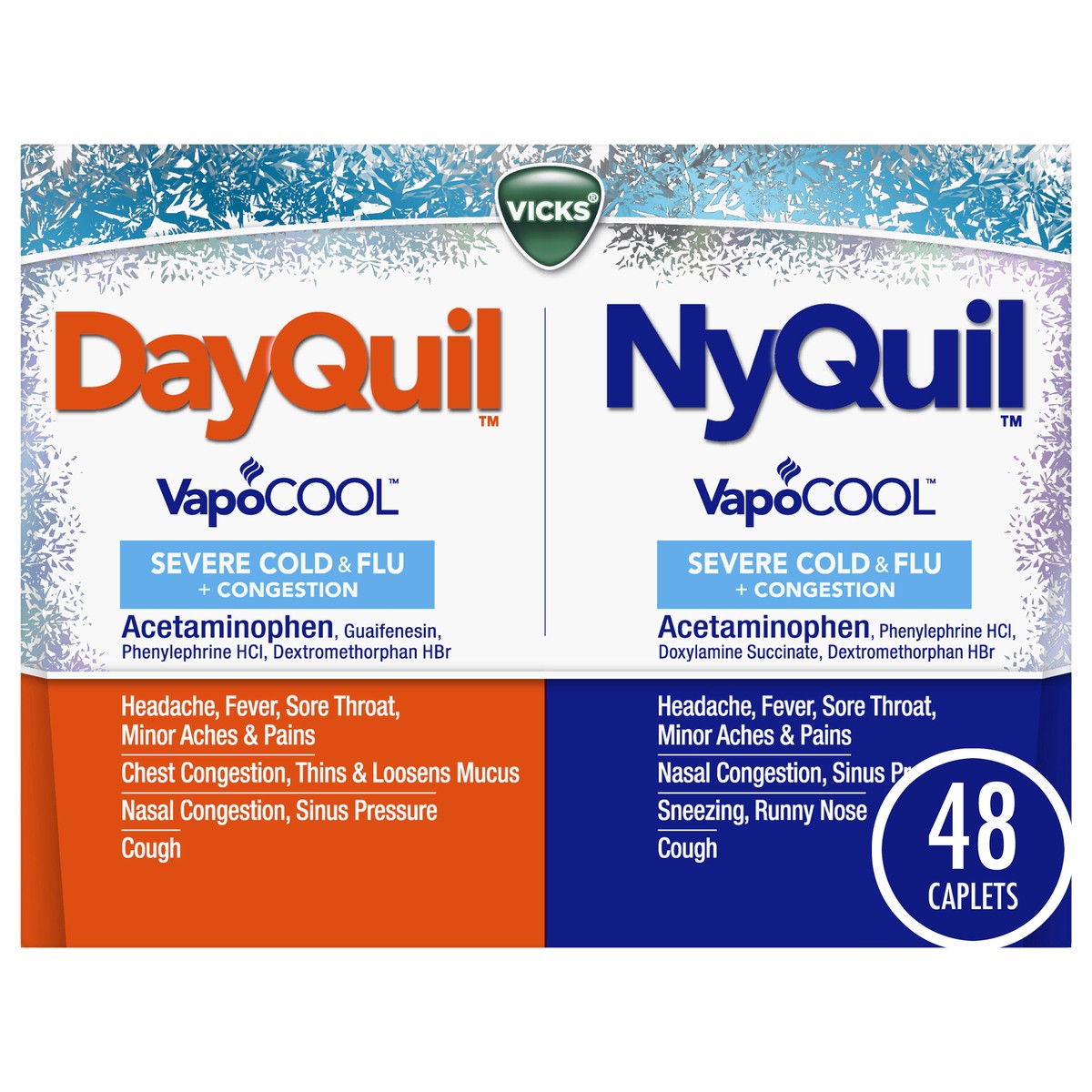 slide 1 of 2, Vicks DayQuil and NyQuil VapoCOOL SEVERE Combo Cold & Flu + Congestion Medicine, Max Strength Relief for Headache, Fever, Sore Throat, Minor Aches and Pains, Nasal Congestion, Sinus Pressure, Stuffy Nose, and Cough, 24 Count - 16 DayQuil, 8 NyQuil, 24 ct