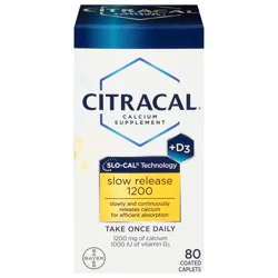 Citracal Slow Release 1200, Calcium and Vitamin D3 Supplement to Support Bone Health*, 80 Coated Caplets