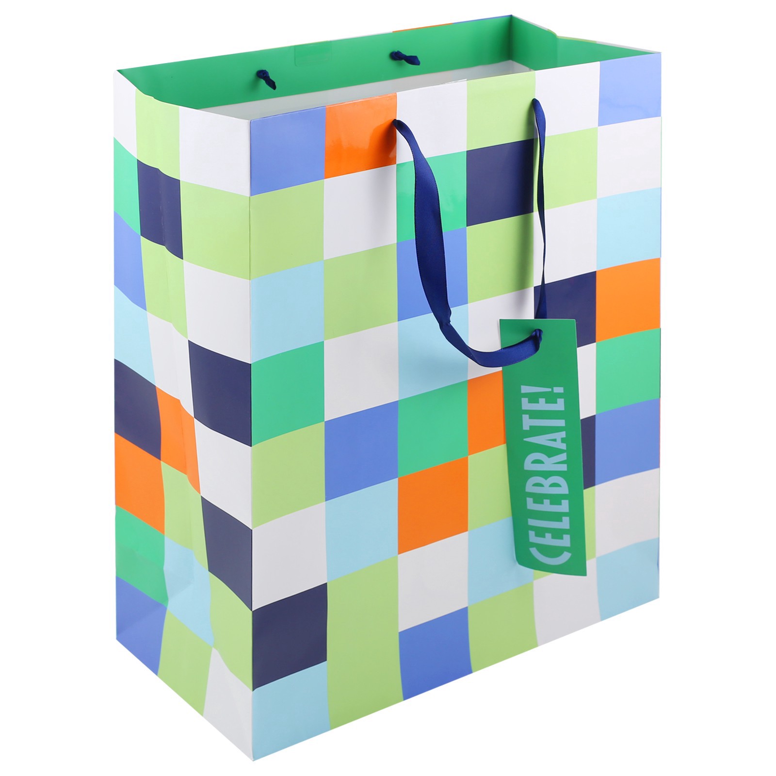 slide 2 of 2, 16" Green, Blue & Orange Check Print Gift Bag By Celebrate It, 12 in x 6 in x 16 in