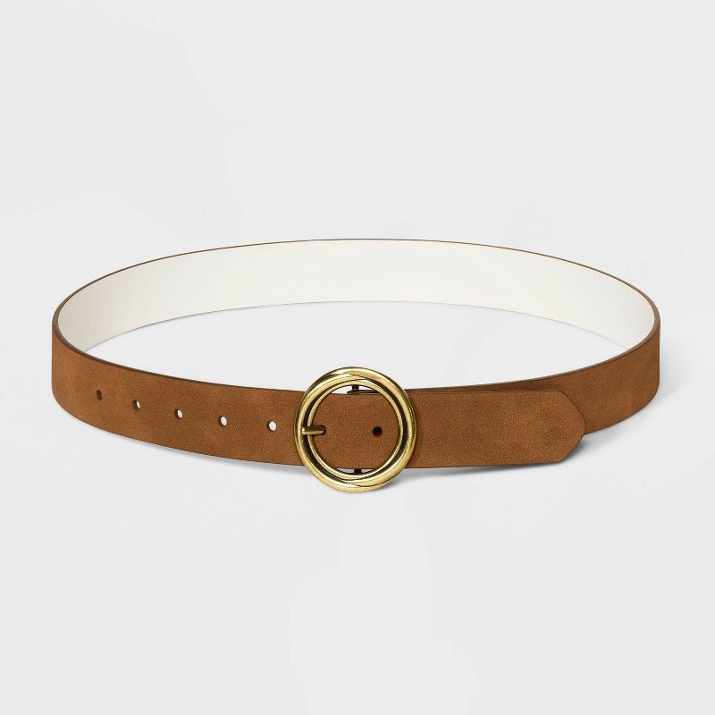 slide 2 of 3, Women's Reversible Wide Suede Round Center Buckle Belt - Universal Thread™ Brown XS: Adjustable Strap, Solid Pattern, 1 ct