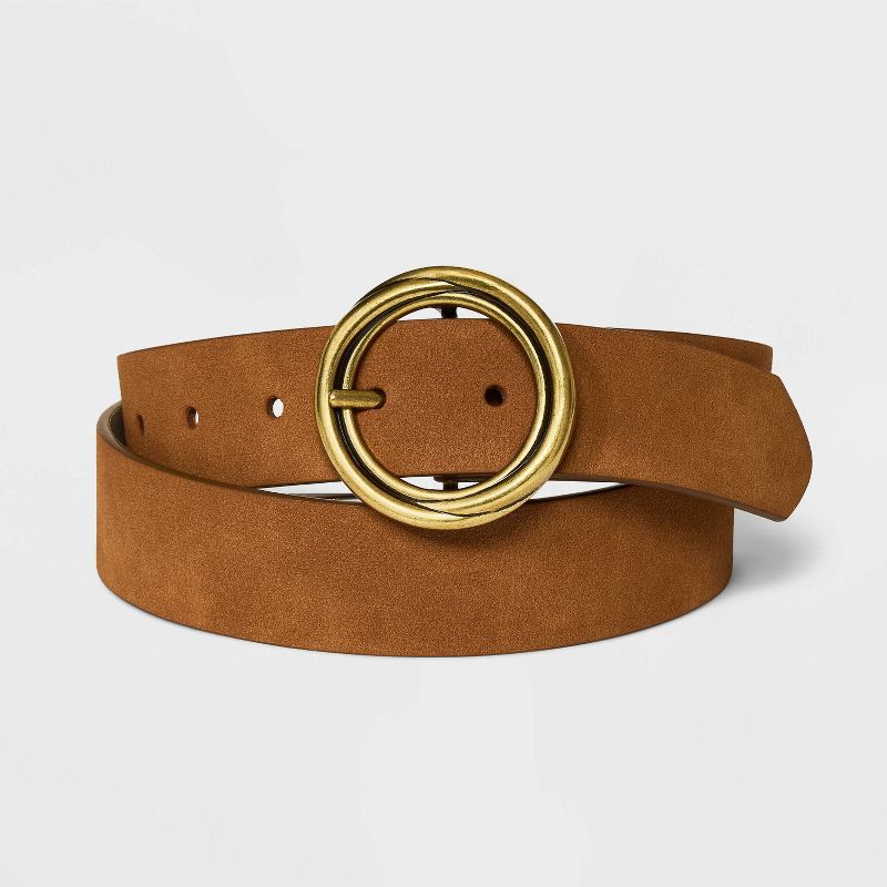 slide 1 of 3, Women's Reversible Wide Suede Round Center Buckle Belt - Universal Thread™ Brown XS: Adjustable Strap, Solid Pattern, 1 ct