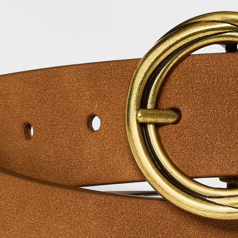 slide 3 of 3, Women's Reversible Wide Suede Round Center Buckle Belt - Universal Thread™ Brown S: Adjustable Strap, Solid Pattern, 1 ct
