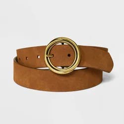 Women's Reversible Wide Suede Round Center Buckle Belt - Universal Thread™ Brown S: Adjustable Strap, Solid Pattern