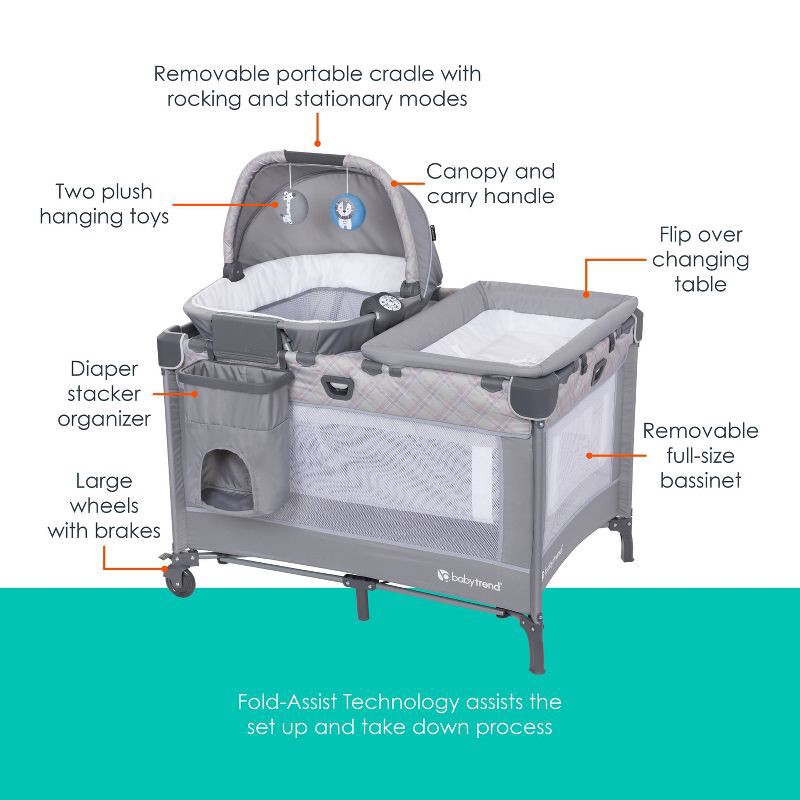slide 2 of 17, Baby Trend Lullaby Nursery Suite EZ-Fold Playard with Portable Rocking Lounger - Madrid Plaid, 1 ct