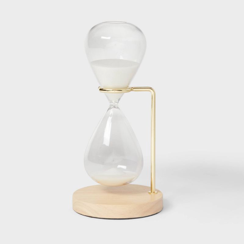 slide 1 of 3, Decorative Hourglass with Rubber Wood Stand Natural Wood - Threshold™: Indoor Sand Timer Decorative Object, 1 ct