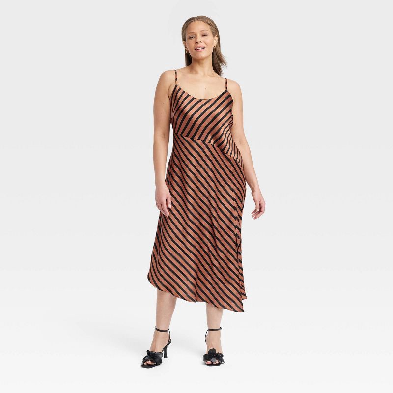 Women's Midi Slip Dress - A New Day™ Brown Striped XXL 1 ct