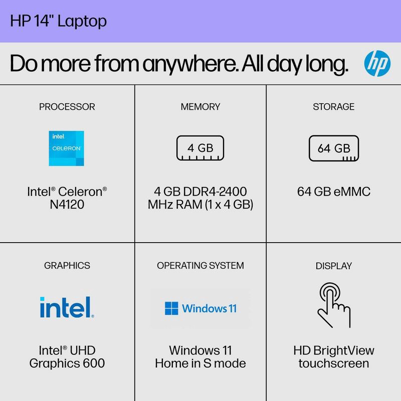 slide 10 of 14, HP Inc. HP 14" Touchscreen Laptop - Intel Celeron - 4GB RAM - 64GB eMMC Storage - Windows 11 - Black (14-dq0706tg), 1 ct