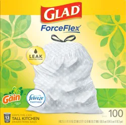 Glad ForceFlex 13 Gallon Drawstring Tall Gain Original Scent Kitchen Bags 100 ea