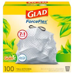 Glad ForceFlex Tall Kitchen Drawstring Trash Bags, 13 Gallon, Gain Original, 100 Count