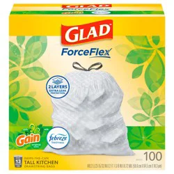 Glad ForceFlex Tall Kitchen Drawstring Trash Bags, 13 Gallon, Gain Original, 100 Count