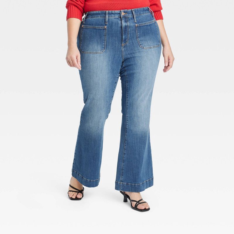 slide 1 of 3, Women's High-Rise Relaxed Flare Jeans - Ava & Viv™ Blue Denim 20: Cotton Spandex, Midweight, Pockets, 32" Inseam, 1 ct