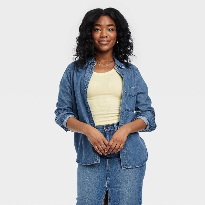 slide 1 of 4, Women's Long Sleeve Relaxed Denim Button-Down Shirt - Universal Thread™ Medium Wash S, 1 ct