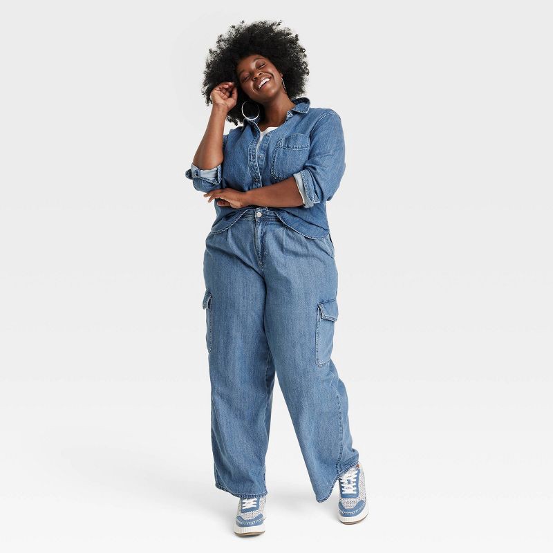 slide 3 of 4, Women's Long Sleeve Relaxed Denim Button-Down Shirt - Universal Thread™ Medium Wash XXL, 1 ct