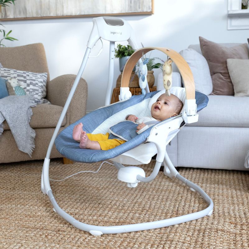 slide 15 of 15, Ingenuity Simple Comfort Compact Swing with Wood Toy Bar - Chambray, 1 ct
