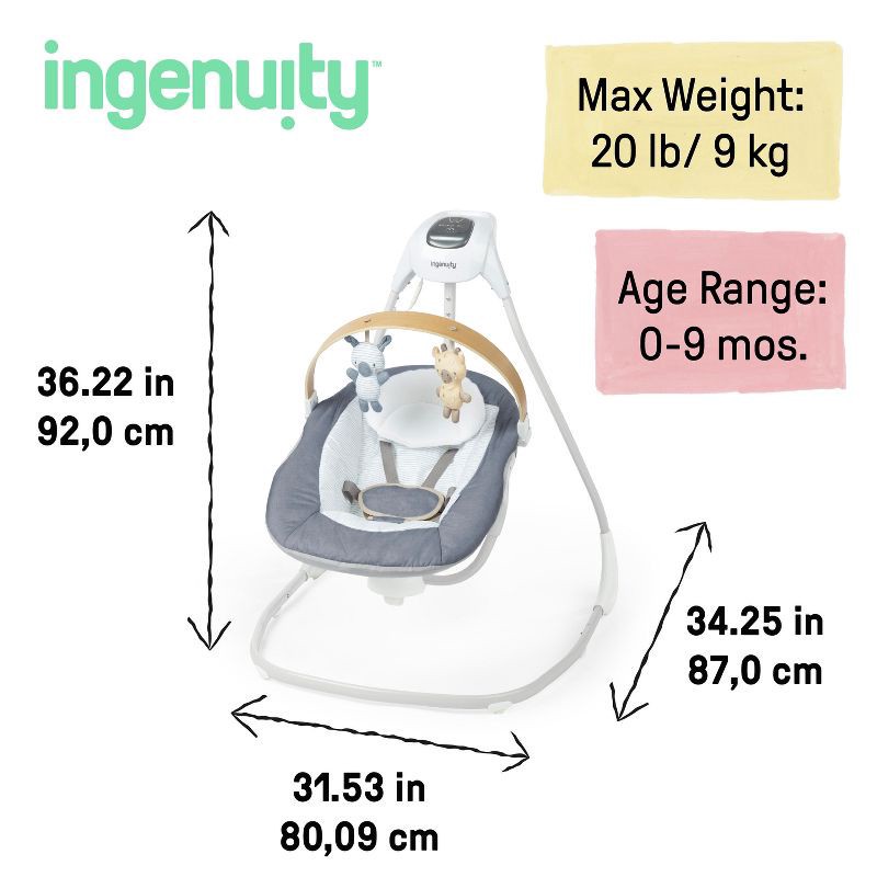 slide 6 of 15, Ingenuity Simple Comfort Compact Swing with Wood Toy Bar - Chambray, 1 ct