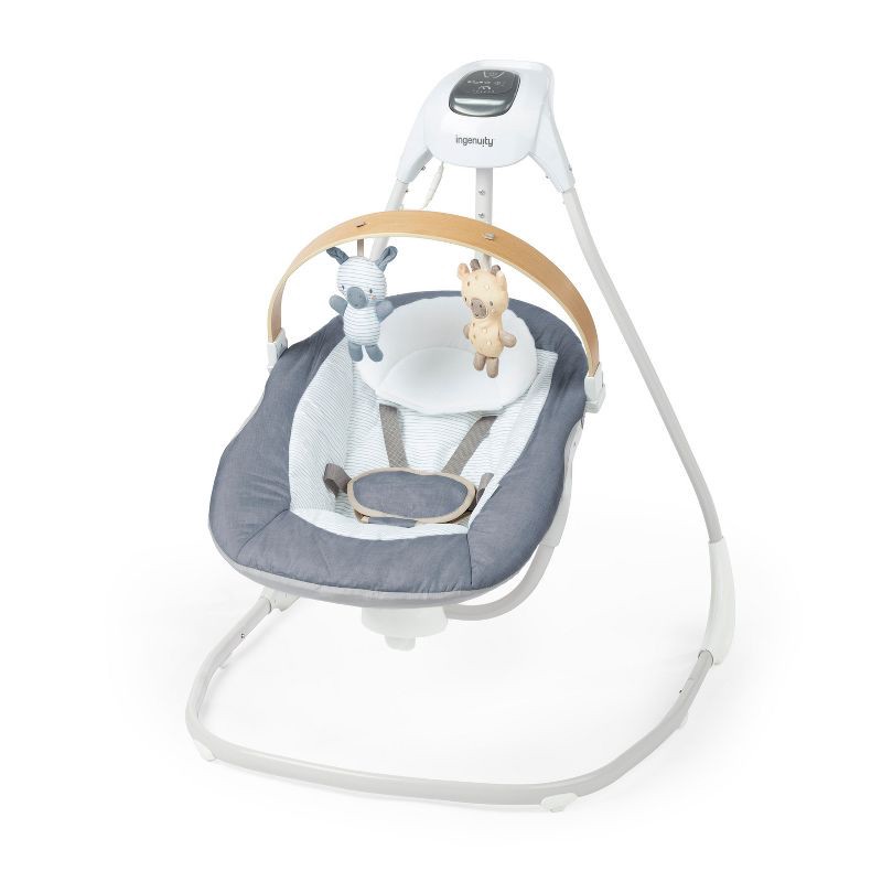 slide 1 of 15, Ingenuity Simple Comfort Compact Swing with Wood Toy Bar - Chambray, 1 ct