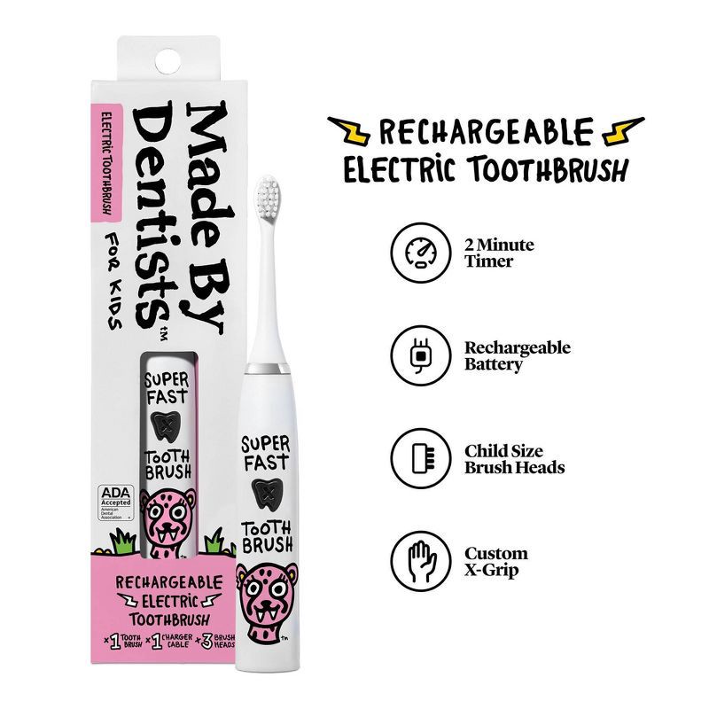 slide 3 of 7, Made by Dentists Kids' Rechargeable Electric Toothbrush with 2 Replacement Toothbrush Heads - Cheetah, 1 ct