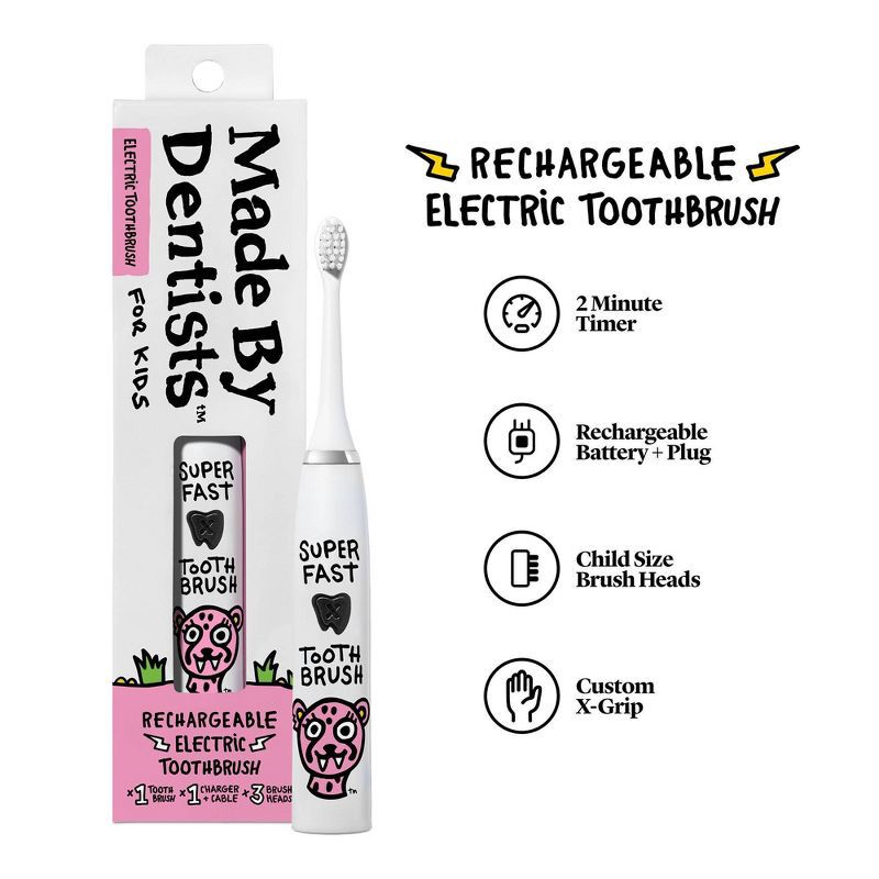 slide 4 of 7, Made by Dentists Kids' Rechargeable Electric Toothbrush with 2 Replacement Toothbrush Heads - Cheetah, 1 ct