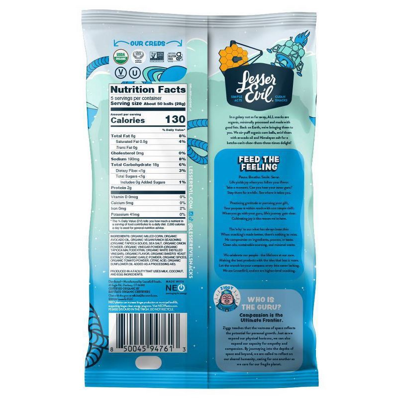 slide 2 of 4, LesserEvil Organic Ranch Space Balls - 5oz, 5 oz