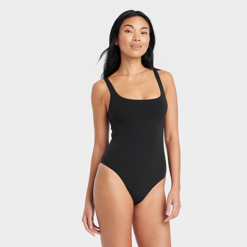 slide 1 of 5, Women's Luxe 4-Way Stretch Tank Bodysuit - Auden™ Black L: Nylon Spandex Blend, Scoopneck, Sleeveless, Pullover, Crotch Snap, 1 ct