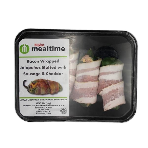 slide 1 of 1, Hy-Vee Mealtime Bacon Wrapped Jalapenos Stuffed With Sausage & Cheddar, 12 oz