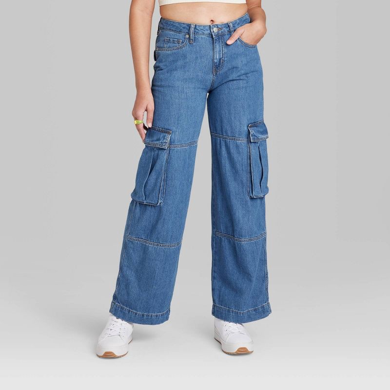 Women's Mid-Rise Cargo Baggy Wide Leg Utility Jeans Wild Fable