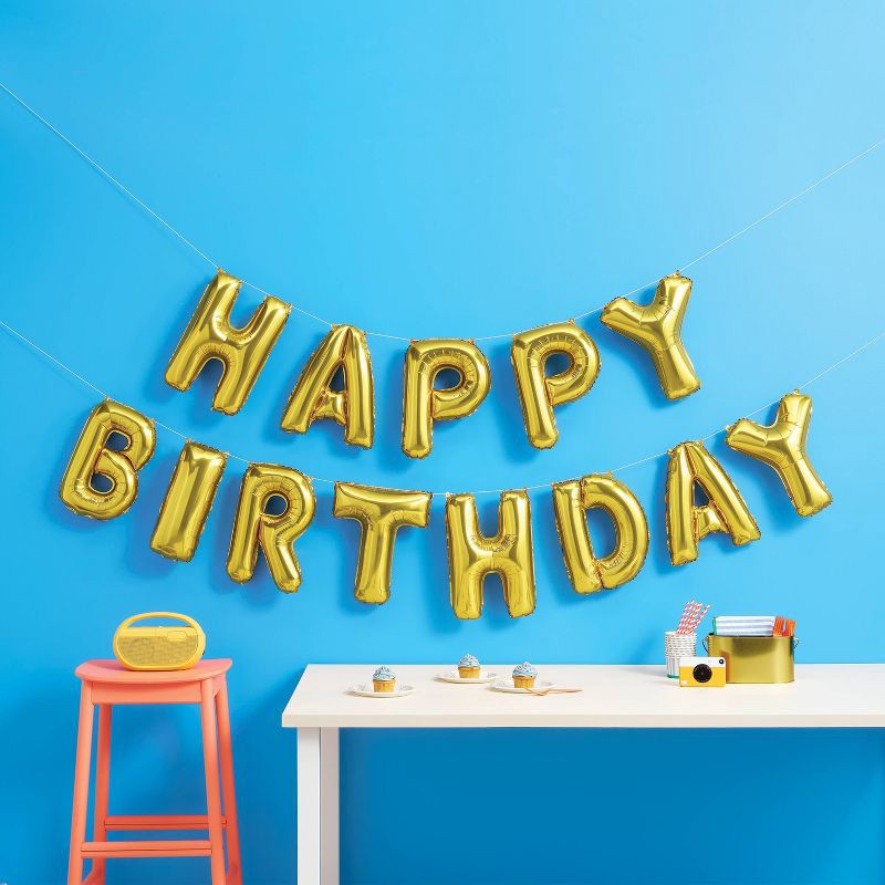 slide 2 of 4, 'Happy Birthday' Foil Balloon Banner Gold - Spritz™, 1 ct