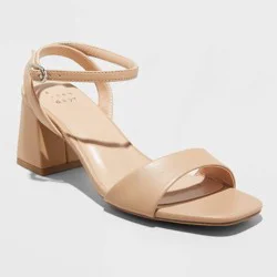 Women's Shannon Heels with Memory Foam Insole - A New Day™ Tan 8: Ankle Strap, Block Heel, Open Toe Sandals