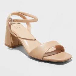 Women's Shannon Heels with Memory Foam Insole - A New Day™ Tan 9.5: Ankle Strap Sandals, Block Heel, Open Square Toe