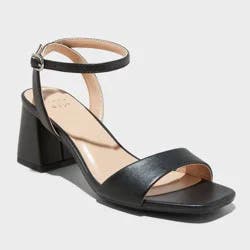 Women's Shannon Heels with Memory Foam Insole - A New Day™ Black 7.5: Ankle Strap Sandals, Block Heel, Open Toe, Square Toe