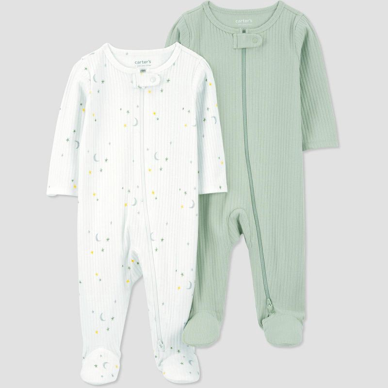 slide 1 of 4, Carter's Just One You® Baby 2pk Sleep N' Play - Green/Ivory 6M: Cotton Blend, Two-Way Zipper, Footed Pajamas, Machine Washable, 2 ct