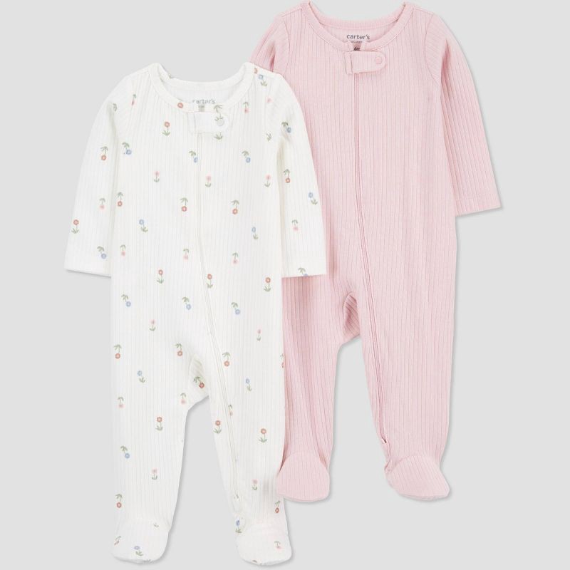 slide 1 of 4, Carter's Just One You® Baby Girls' 2pk Floral Sleep N' Play - Pink/Ivory 6M: Cotton Blend Footed Pajamas, Two-Way Zipper, Long Sleeve, 2 ct