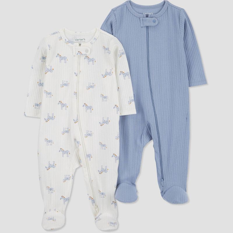 slide 1 of 4, Carter's Just One You® Baby Boys' 2pk Zebra Sleep N' Play - Blue/Ivory 3M: Cotton Elastane Pajamas, 2 ct