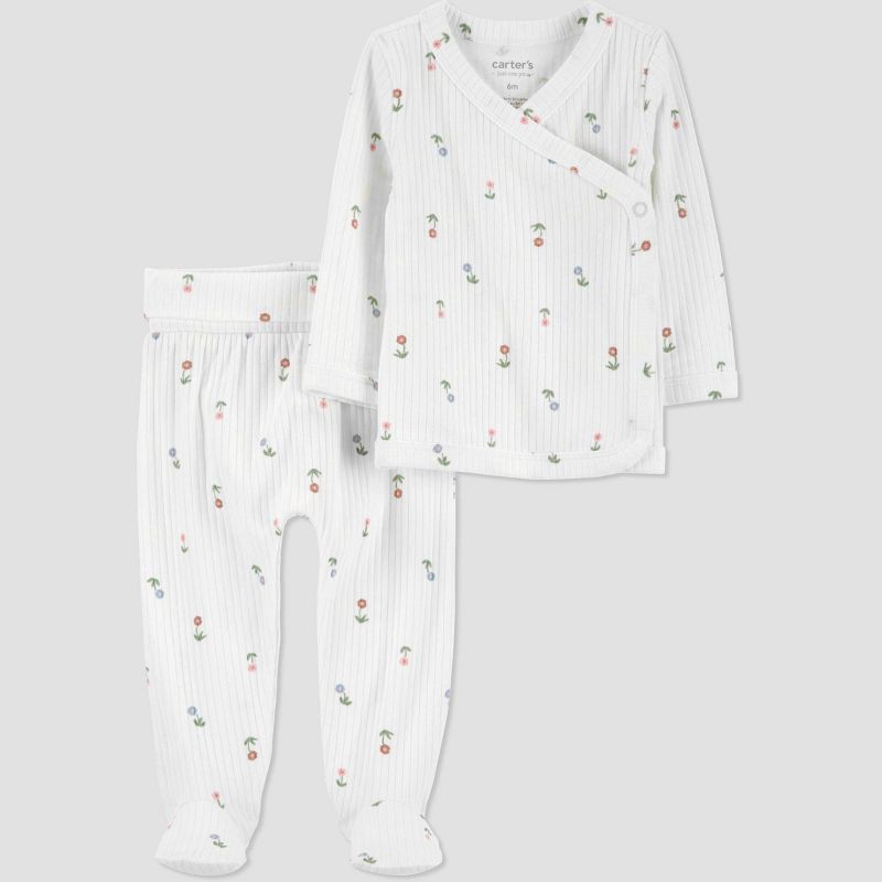 slide 1 of 6, Carter's Just One You® Baby Girls' 2pc Ivory Floral Cardigan Set - Preemie: Cotton Elastane Blend, Side Snap, Footed Pant, 2 ct