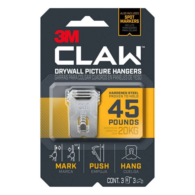 slide 1 of 14, 3M Claw 45lbs Drywall Picture Hanger with Temporary Spot Marker: Metal Hooks & Hangers, Picture Hanging Kit, 3 Pack, 45 lb, 3 ct