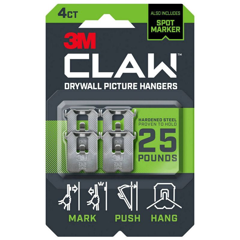 slide 1 of 13, 3M Claw 25lbs Drywall Picture Hanger with Temporary Spot Marker 4 Hangers and 4 Markers: Metal Hooks & Picture Hanging Kit, 25 lb
