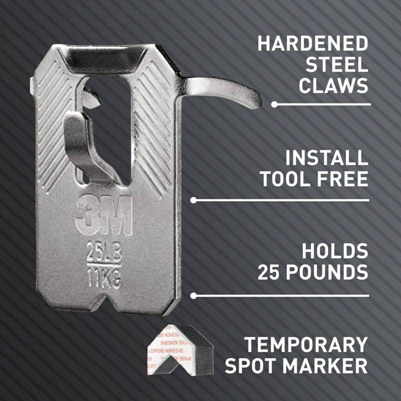 slide 8 of 13, 3M Claw 25lbs Drywall Picture Hanger with Temporary Spot Marker 4 Hangers and 4 Markers: Metal Hooks & Picture Hanging Kit, 25 lb