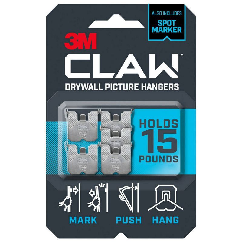 slide 2 of 13, 3M Claw 15lbs Drywall Picture Hanger with Temporary Spot Marker 5 Hangers and 5 Markers: Metal Picture Hooks Kit, 15 lb