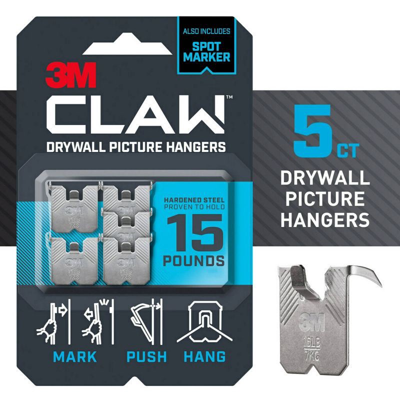slide 3 of 13, 3M Claw 15lbs Drywall Picture Hanger with Temporary Spot Marker 5 Hangers and 5 Markers: Metal Picture Hooks Kit, 15 lb