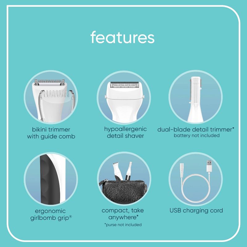 slide 6 of 7, Conair Girlbomb Cordless Rechargeable Bikini Trimmer, Detail Shaver and Facial/Eyebrow Trimmer Set - 6pc, 6 ct