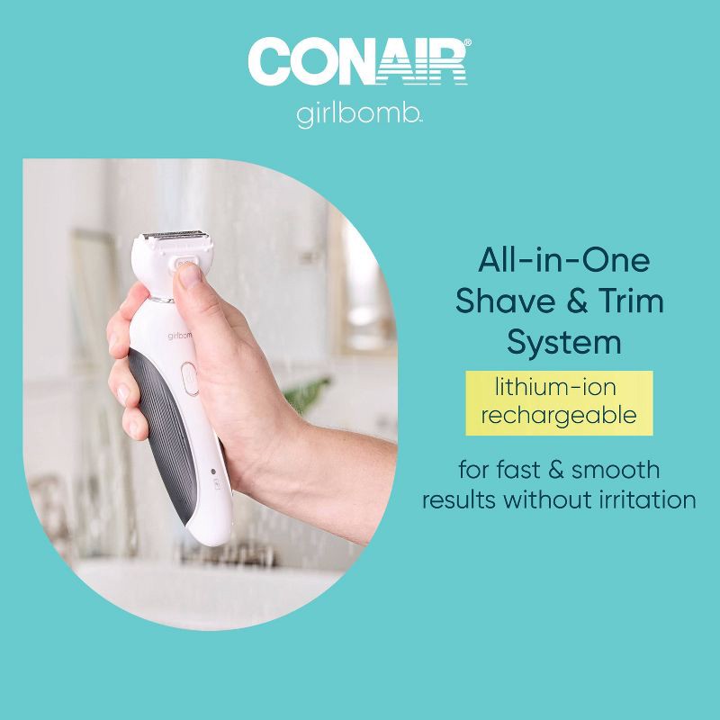 slide 7 of 7, Conair Girlbomb Wet and Dry Cordless Rechargeable Foil Body Shaver with Facial,Eyebrow and Bikini Trimmer Attachments Set - 5pc, 5 ct