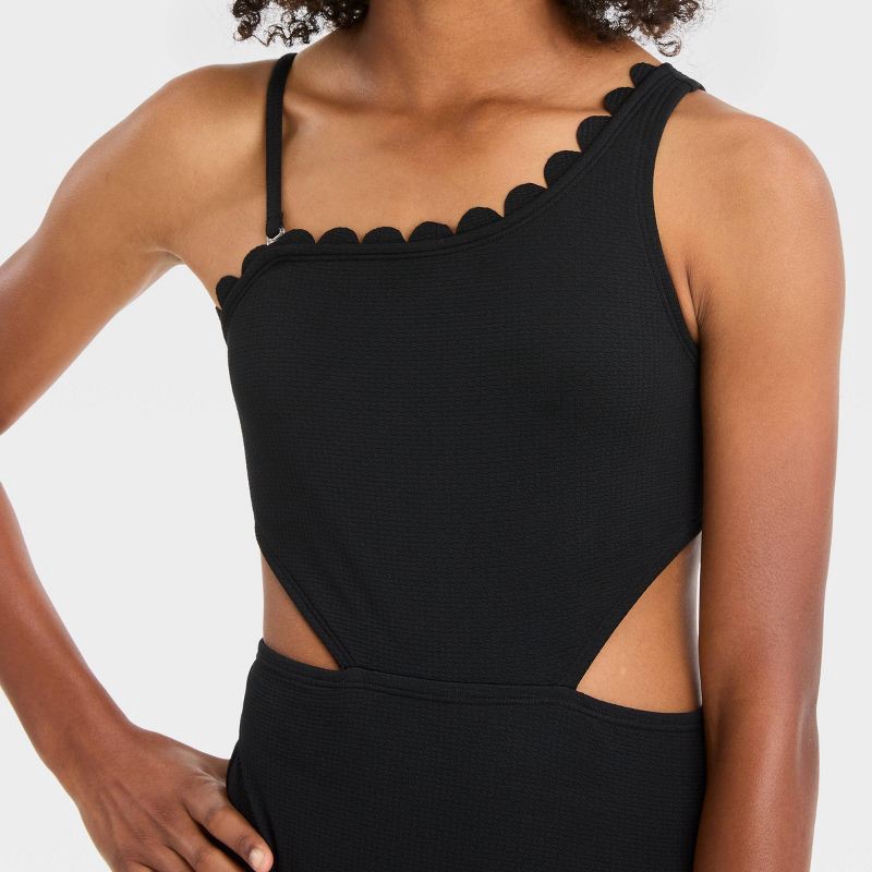 slide 2 of 3, Girls' Sweet Scallop One Piece Swimsuit - art class™ Black M, 1 ct