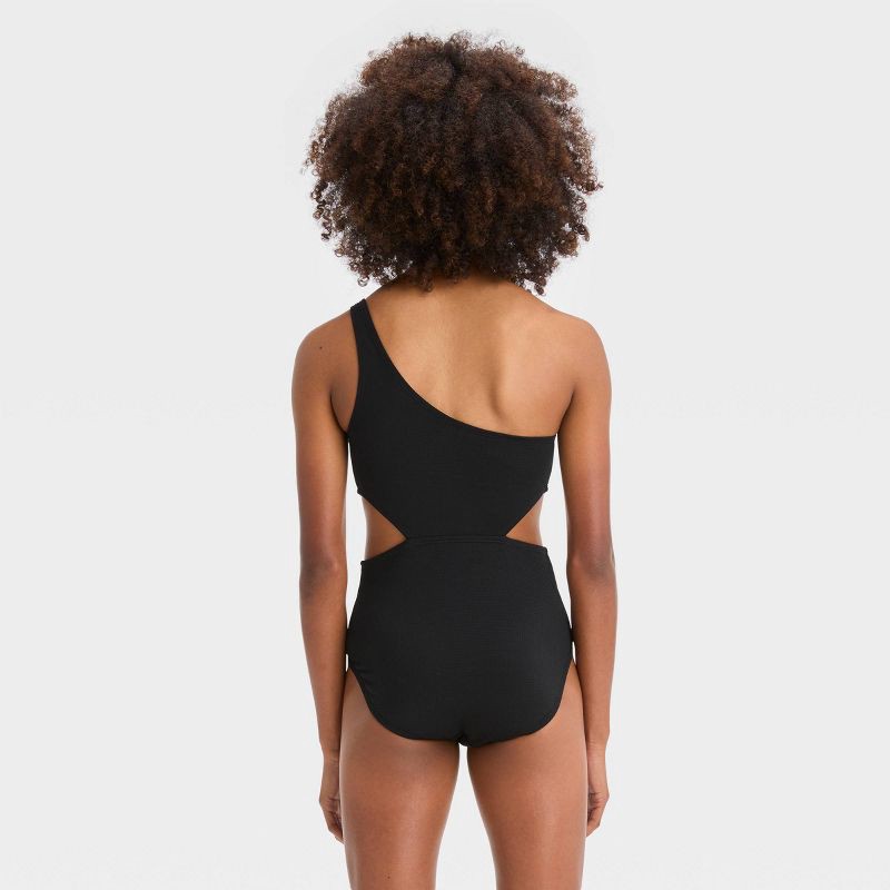 slide 3 of 3, Girls' Sweet Scallop One Piece Swimsuit - art class™ Black M, 1 ct