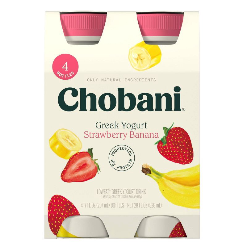 slide 1 of 5, Chobani Low-Fat Greek Yogurt Drink Strawberry Banana - 28 fl oz/4ct: 10g Protein, 28 fl oz, 4 ct, 10 gram