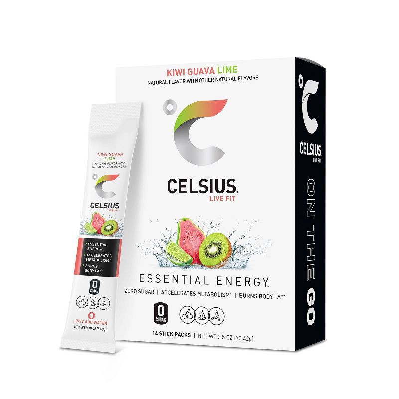 slide 1 of 5, CELSIUS On The Go Powder Sticks Kiwi Guava Lime Essential Energy - 14pk Sticks, 14 ct